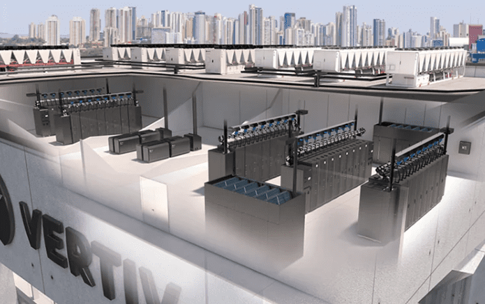 Vertiv data center infrastructure with glowing blue servers, symbolizing AI acceleration
